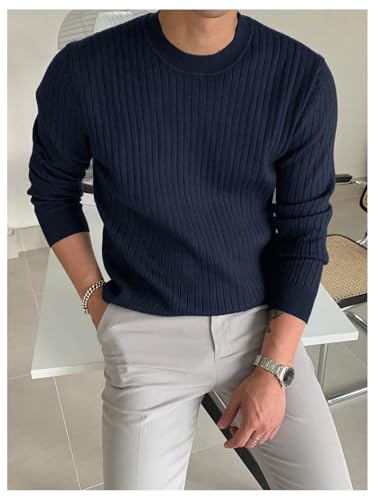 OYOANGLE Men's Round Neck Long Sleeve Ribbed Knit Sweaters Solid Basic Comfortable Casual Pullover Tops4