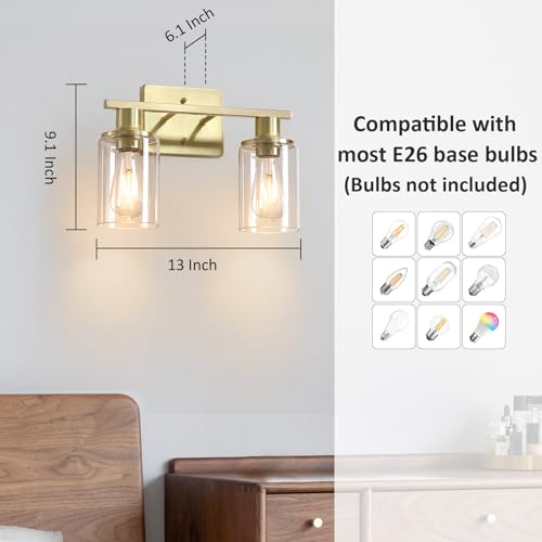 Image of 2-Light Gold Bathroom Vanity Light,Brushed Gold Bathroom Light Fixtures Over Mirror with Clear Glass Shade,Modern Wall Sconces Lighting for Kitchen Living Room Cabinet Hallway