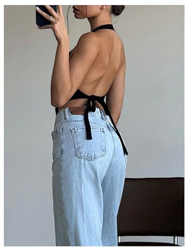 GORGLITTER Women's Fashion Cropped Vest Tops Sexy Backless Halter Tops Going Out Button Down Tank Tops3