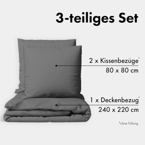 JACOBSON Bettwäsche 100% Baumwolle (240x220cm, Anthrazit, 3-teilig) – Ansicht 2