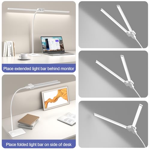 Image of 24W Led Desk Lamps with Base for Office Home, 31.5-in Double Head, White | Dual Screen Computer Monitor Desk Light,Dimmable 4 Colors, Eye Care Architect Table Light for Working Reading Drafting