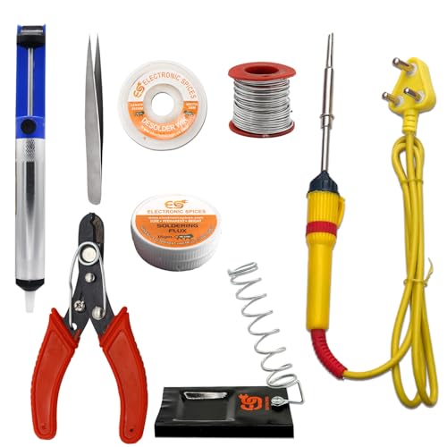 Image of Electronic Spices 25W Soldering Iron 8 in 1 Kit with wire Cutter | Desoldering vacuum pump | Soldering Stand & Tweezer