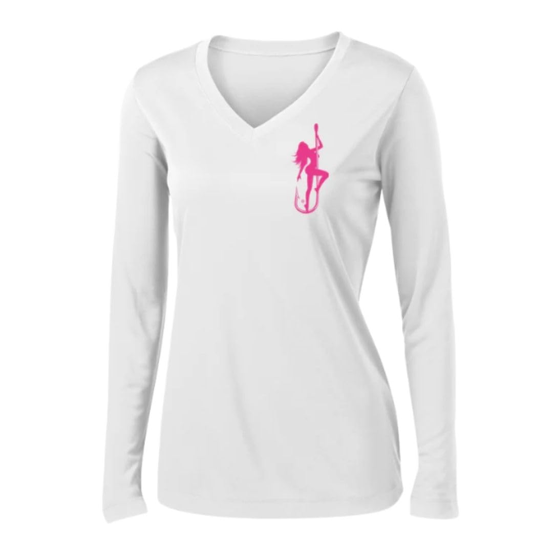Dirty Hooker Fishing Gear, Women's Long Sleeve Dryfit with Classic Pink Logo (White, Medium)