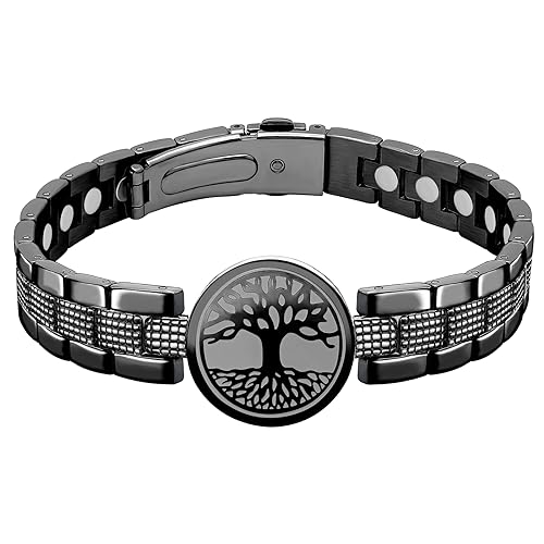 JEROOT Magnetic Bracelet Women's Titanium Steel Tree of Life World Tree Black Magnetic Bracelet Men with Ultra Strength of 6000 Gauss Magnets Adjustable