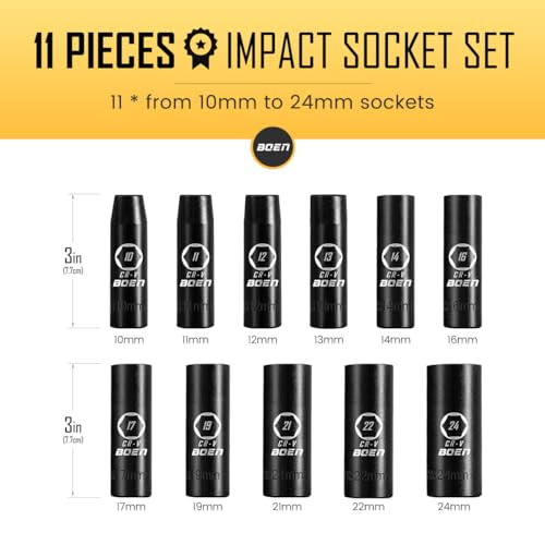BOEN 1/2" Drive Deep Impact Socket Set, 11 Pieces Metric Socket Set 10mm to 24mm, 6 Point Design, Cr-V Steel, Laser Marking, Durable Storage Case, Meets ANSI Standards
