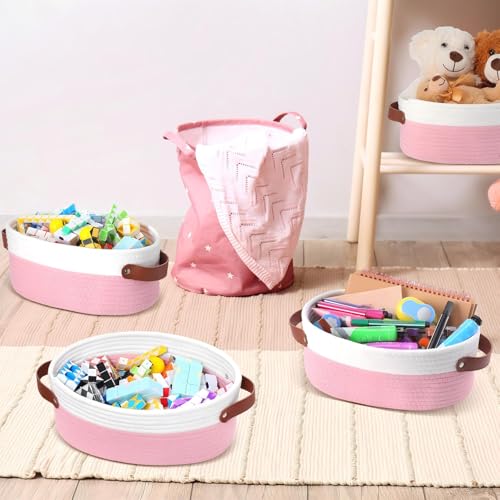 Image of Colingmill 3 Pack Easter Small Woven Basket for Gifts with Handles Clear Bags and Ribbons Empty Storage Basket Decorative Chest Box for Easter Wedding Present(White and Pink,12 inchx 8 inchx 5 inch)