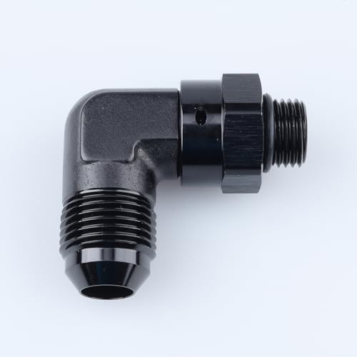 Image of AC PERFORMANCE Black Aluminum 90 Degree -8 AN Male Flare to -6 AN ORB O Ring Port Thread 9 /16 x 18 Swivel Fitting Adapter