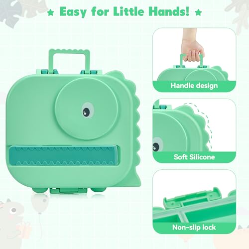 Image of Pawtong Bento Lunch Box with Thermo, 4-Compartment Bento Box with Adjustable Dividers, Leakproof Dinosaur Lunch Box with 14.2OZ Insulated Food Jar & Sauce Jar, for School Office Travel(Green)