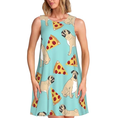 Pizza Party - Vestido casual sin mangas para mujer, vestido de verano para playa, con bolsillos y longitud a la rodilla, Negro -, M