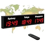 Orologio da parete digitale con fusi orari mondiali, orologio da parete con telecomando, display HD, nomi delle città modificabili, guscio in alluminio per ufficio e aziende