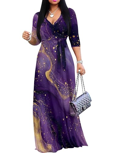 Image of Plus Size Dresses for Women Print Maxi Dresses 3 /4 Sleeve with Belt