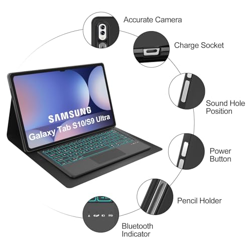 Image of Keyboard Case for Samsung Galaxy Tab S10 Ultra / S9 Ultra / S8 Ultra 14.6 inch, 7 Colors Backlit, Wireless Detachable Bluetooth Keyboard with Multi-Touch Trackpad, Smart Protective Cover S Pen Holder