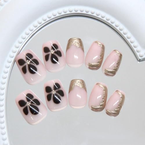 Image of Short Square Press on Nails Flower Fake Nails Gold Chrome Glue on Nails Glossy Full Cover Stick on Nail Reusable Artificial Acrylic French Tip False Nail for Women Girls Manicure 24Pcs