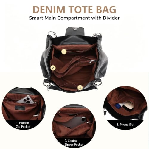 Image of BESMART Denim Tote Bag for Women, Large PU Leather Canvas Shoulder Bags with Circle Chain