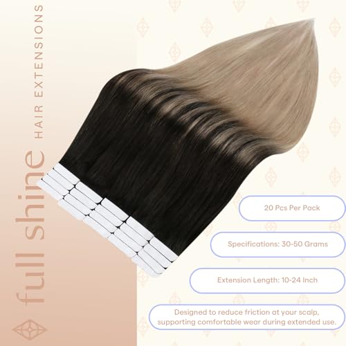 Image of Full Shine Human Hair Extensions Tape in, Black Dirty Blonde Ombre 16 Inch | 50g 20PCS Straight Invisible Tape in Hair Extensions, Straight Remy Finish Seamless Skin Weft Wedding Styling