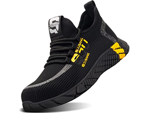 IYVW 792 Chaussures de sécurité pour Homme et Femme - Chaussures de Travail avec Embouts en Acier - Réfléchissantes - Légères et Respirantes Noir Jaune 45 EU Cover