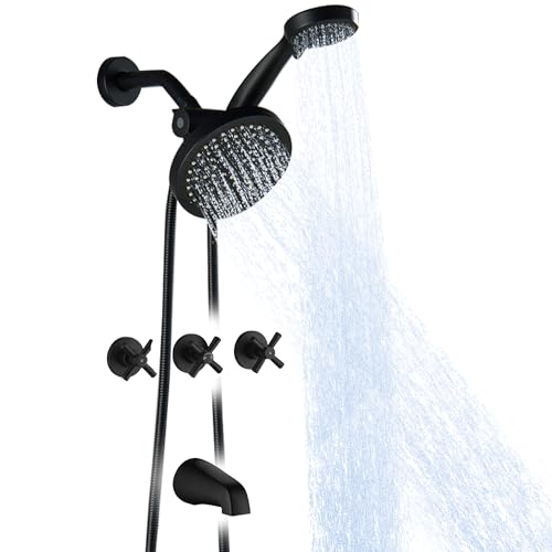 LIWEIKE 3 Handle Tub Shower Faucet, Matte Black Three Handles and Tub Spout Faucet Set Black Shower...