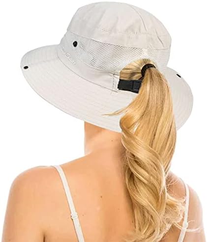 Womens Summer Quick-Dry-Sun-Hat Outdoor Mesh Wide Brim UV-Protection Beach Fishing Hat with Ponytail Hole Foldable Beige