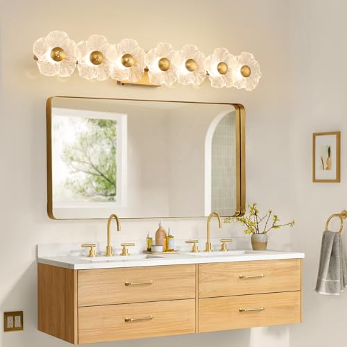 Image of MantoLite 33.46'' Bathroom Light Fixtures Modern Vanity Light Over Mirror Adjustable 3000K-6000K Picture Lights Art Light with Floral Clear Glass Shades for Living Room Bedroom (7 Light Gold)