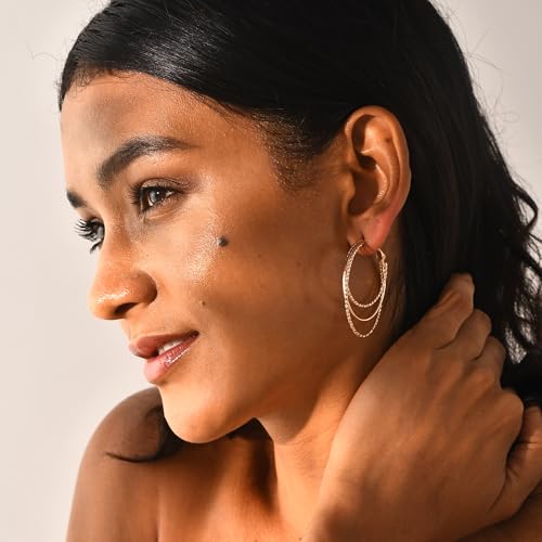 Triple Hoop Earrings for Women Champagne Gold Plated Hoops Smooth and Textured Wire Earring Lightweight Hypoallergenic Jewelry Gifts3