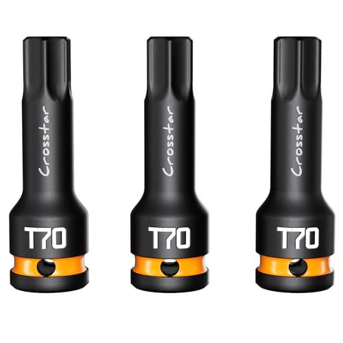 Image of Crosstar 3pcs T70 Impact Torx Bit Socket Set, 1 /2 inch Drive Cr-Mo Steel, Long High Impact Star Sockets for Automotive & Heavy-Duty Use, Professional Mechanic Tools with Transparent Case