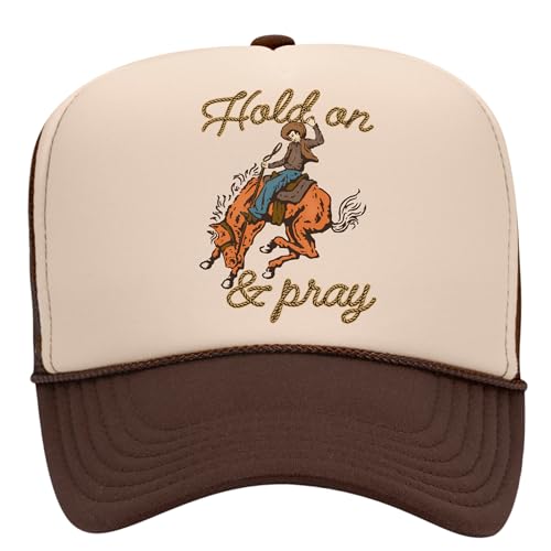 Hold On & Pray Trucker Hat | Christian Jesus God Blessed Faith Cowboy | Premium Snapback Hat for Men & Women (US, Alpha, One Size, Brown/Tan)