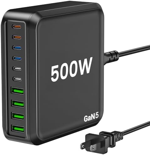 USB C Charging Station, 500W USB C Charger Block 10 Port Fast Charger 100W PD USB-C Charging Station Hub for MacBook Pro/Air/iPad Pro/iPhone 17e/17/16/15/14/13/Pro Max/Samsung Galaxy Note (Black)
