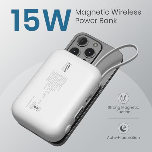 Image of Portronics Power Shutter 20000mAh 15W Magnetic Wireless Fast Charging Powerbank with in-Built Type C & 8 Pin Cable, 22.5W Type C PD Output, Type C Bidirectional Port, LED Display (White)