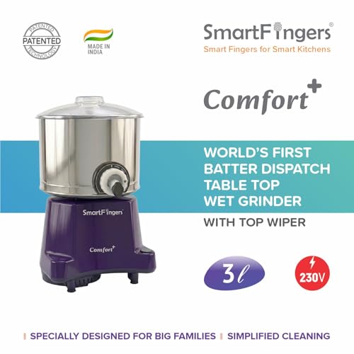 Image of SmartFingers Comfort + Table Top Wet Grinder 230V, 3 Liter, Violet with Coconut Scrapper & Atta Kneader Attachment | Hands-Free Batter Dispenser | Top Wiper, 220W Motor | 5 Years Warranty | AISI 304