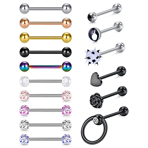 D.Bella Lot de 16 Piercings de Langue en Acier Inoxydable 14 g Couleurs Aléatoires 16mm Langue Anneaux Bar Piercing Bijoux pour Femmes Hommes