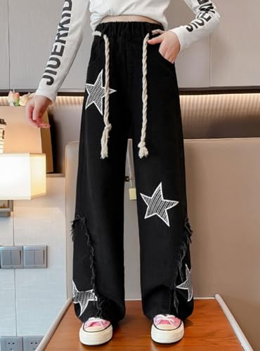 Girls Kids Cute Patterns Jeans Denim Heart Shape Pants Elastic Waist Wide Leg Stars Denim Pants Age 5-14 Years4