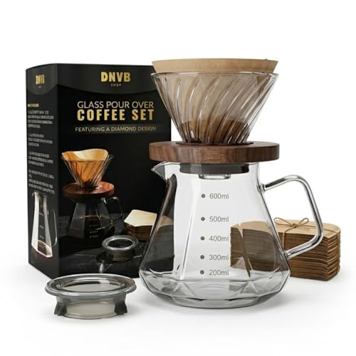 DNVB SHOP Glass Pour Over Coffee Maker Set - 600ml Geometric Carafe with Walnut Base Swirl Glass Coffee Dripper & Paper Filters. Thermal-Shock Proof Food-Safe Drip Coffee Kit for Home Barista
