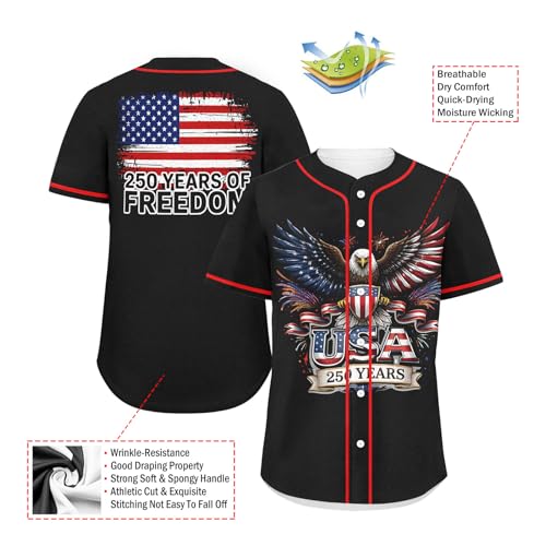 Camiseta masculina de béisbol 250 Aniversario USA 1776-2026 Águila Patriótica Día de la Independencia Botones Secado rápido miniatura 4