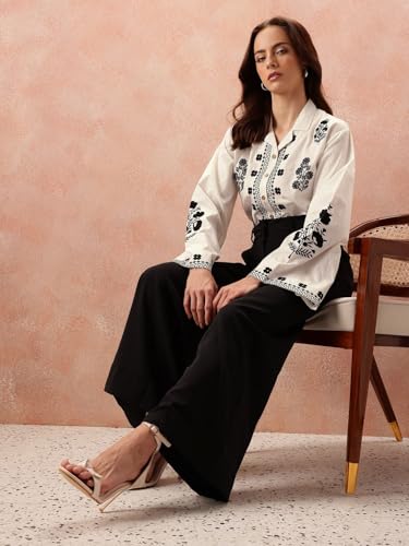 Image of Bee M Pee Designer Women's Embroidered Korean Crop Shirt | Full Bell Sleeves Western Tops for Woman Stylish | Oversized Formal /Casual /Office Wear Cotton Shirts Top for Women