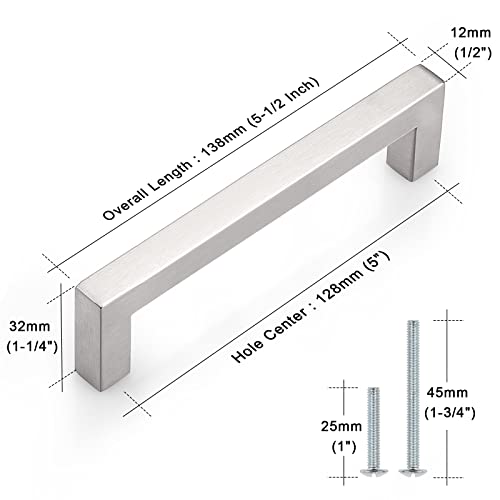Probrico (10 Pack) 5 inch Holes Centers Square Kitchen Cabinet Handles Stainless Steel Cabinet Drawer Handles Brushed Nickel Euro Bar Pulls 5-1/2 inch Total Length