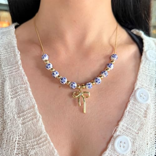 3PCS Beads Bow Charm Bracelet for Women Dainty Flower Beaded Necklace and Earrings Set Handmade Stretch Gold Vintage Coquette Jewelry Gifts3