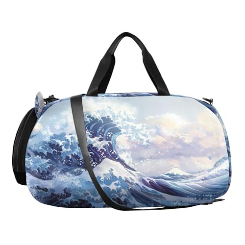 YETTASBIN Sport Travel Duffel Bag for Girls Boys, Sea Waves Large Waterproof Weekender Overnight Bag, Detachable Shoulder Strap Gym Bag with Shoe Compartment & Wet Pocket2