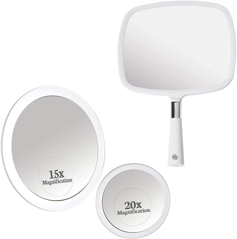 20X & 15X Magnifying Makeup Mirror Set with 3 Suction Cups Each - Compact & Travel Ready & Large Hand Held Mirror with Comfy Handle for Women and Men - Personal Barber Haircut Mirror