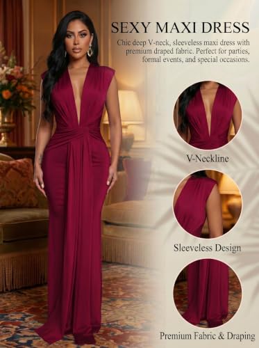 Image of Ekaliy Elegant Bodycon Dresses for Women Deep V Neck Maxi Dress Mermaid Long Dress