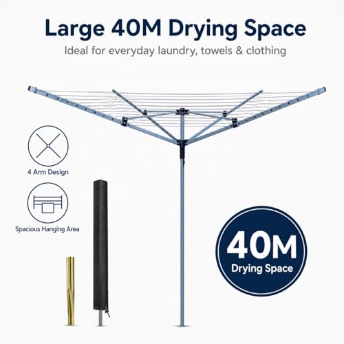 KAYNUR 4 Arm Rotary Washing Line for Outdoor Clothes Drying - 40M, 50M, 60M Options with Foldable Design, Ground Spike & Protective Cover - Image 8