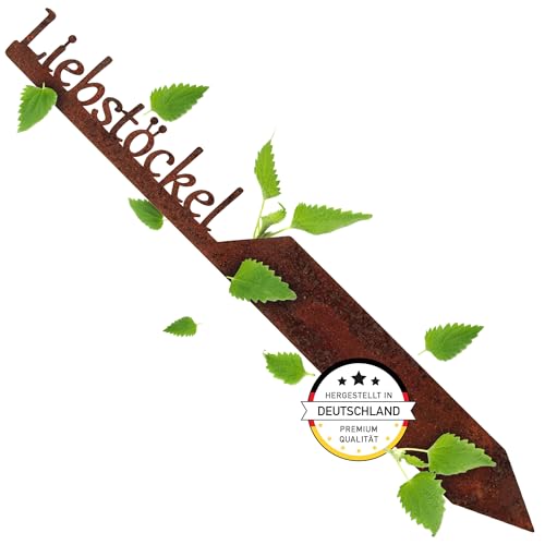 EXTRAVAGANT® Gartenstecker „Liebstöckel“ Kräuterstecker Kräuterschilder Pflanzenschilder Pflanzenstecker Metall Stahl Rost Edelrost wetterfest für Garten Beet Gartenschilder Gartendeko Roststecker