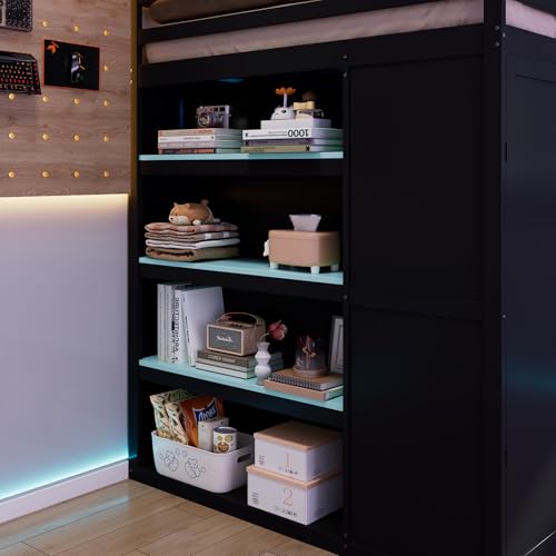 Image of Harper & Bright Designs Full Size Loft Bed with Wardrobe and Storage Shelves, Wooden Loft Beds Full with RGB Lights, Charging Sation and Blackout Curtains, Space-Saving, Black+Blue