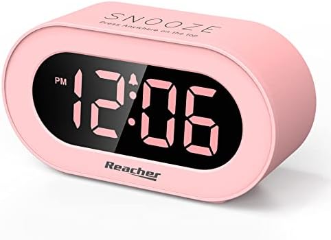 REACHER Pink Girls Alarm Clock for Kids Bedroom, Dimmable LED Digital Display, Outlet Powered, Adjustable Volume, Simple to Use, Snooze, Small Size for Bedside, Desk, Toddler