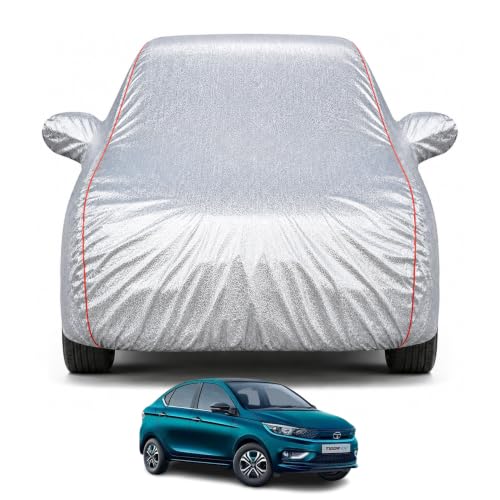 Image of car Cover for Tata Tigor Ev (2021-2026) Models | 100% Waterproof All Weather Protection | Mirror & Inner Cotton Triple Stitched Cover | Adjustable Belt Bottom Elastic (Metalic Silver)