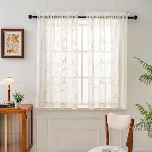 VISIONTEX Sheer Curtains Boho Leaf Floral Embroidered Cream Beige 54Wx54L