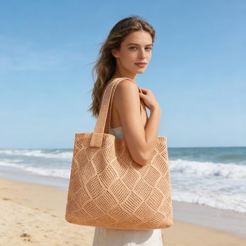 Image of COOKOOKY Lined Crochet Tote Beach Shoulder Bag Women Casual Work Shopping | Lined crochet tote with soft structure, perfect for beach, work, shopping. Roomy & lightweight for daily use.