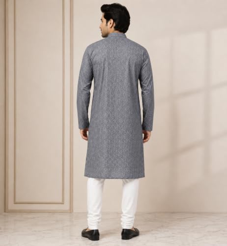 Image of LATEST CHIKAN Men's Silk Chikankari Kurta with Cream Churidar | Festive Set - KP Silk BANARSI