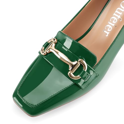 Image of Womens Mid Block Chunky Heeled Loafers Closed Square Toe Patent Leather Comfortable Slip On Pumps Metal Chain Basic Classic Casual Work Office Dress Shoes 2.8 Inches Heels