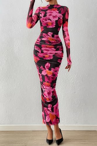 Image of PRETTYGARDEN Long Sleeve Maxi Dresses for Women Wedding Guest Fall Outfits | Ruched Bodycon Dress Long, Floral Mesh, Date Night, Formal Cocktail Party, Homecoming Holiday Dresses