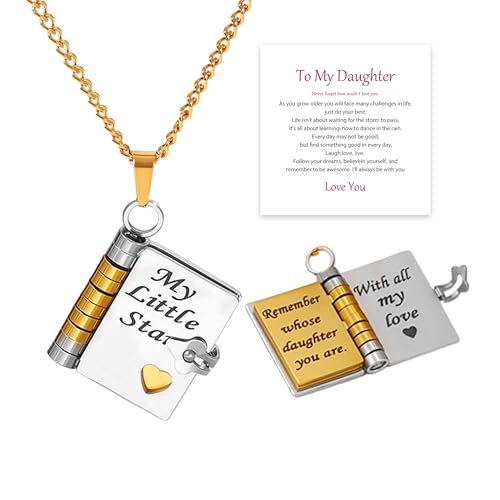 My Little Star Book Necklace for Daughter Book Necklace with 6 Pages Engraved Information a Letter for My Daughter Dainty Charm Necklaces from Mom Dad Birthday Gifts for Women